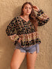 Plus Size Printed Tie Neck Balloon Sleeve Blouse