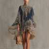 Navy Blue Printed Puff Sleeve Stand Collar Dress – Loose Boho Asymmetric Hem Dress for Women by FitiqueFit