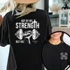 "Not by My Strength" Vintage T-Shirt - Faith & Fitness Graphic Tee, Double-Sided Cross & Dumbbell Top