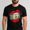 Oversized Red Lips Biting Cash Roll Graphic Tee - Edgy Streetwear Shirt, Luxury Lifestyle Apparel