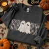 Faux Patchwork Spooky Ghost Sweatshirt | Cozy Halloween Graphic Top