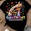 "Different is Beautiful" Artistic Giraffe T-Shirt – Autism Awareness Hearts & Puzzle Print, Premium 100% Cotton Neurodiversity Top, Soft Lived-In Heavyweight Women's Advocacy Wear, Made in USA