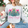"Merry & Bright" Tree Sweatshirt with Festive Lights & Bows by Dog Mom Hat