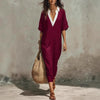 Women's V-Neck Loose Cropped-Sleeve Linen Midi Dress with Pockets by FitiqueFit