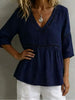 Women's V-Neck Hollow-Out Fringe Cotton-Linen Top by FitiqueFit