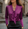 Elegant Satin Ribbon Blouse — Long Sleeve Button-Down Work Shirt by FitiqueFit