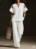 V-Neck Short Sleeve Top & Straight-Leg Pants Set – Ripped Detail, Pockets, Solid Color by FitiqueFit