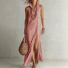 Striped Stand Collar Side-Slit Sleeveless Maxi Dress – A-Line Cami by FitiqueFit