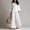 Women's Cotton-Linen V-Neck 3/4 Sleeve Shirt & Wide-Leg Pants Set by FitiqueFit
