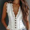 Lace Trim Button-Down Crop Tank Vest Women by FitiqueFit