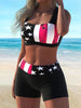 Bikini American Flag Print 2 Piece Criss Cross Halter Swimsuit for Women – High Stretch Patriotic Bikini Set with Ring Knot Back and Boxer Shorts Bottoms – Comfortable Summer Swimwear for Beach Pool and 4th of July Celebrations by Stevvex