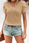 Mist Green Petal Sleeve Waffle Knit V Neck T-Shirt