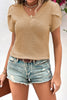 Mist Green Petal Sleeve Waffle Knit V Neck T-Shirt