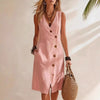 Women's Resort V-Neck Sleeveless Asymmetrical-Button Midi Dress by FitiqueFit