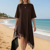 Women's Lace Trim Asymmetric Three-Quarter Sleeve Dress by FitiqueFit