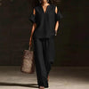 V-Neck Short Sleeve Top & Straight-Leg Pants Set – Ripped Detail, Pockets, Solid Color by FitiqueFit