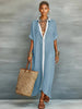 Color-Block Shirt Maxi Dress – Women's Loose Button-Front Long Dress with Contrast Collar by FitiqueFit