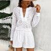 Women's Solid Color Elegant V-Neck Lace Long Sleeve Blouse & Shorts Set by FitiqueFit