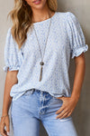 Light Blue Boho Floral Print Smocked Puff Sleeve Blouse
