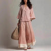 Women's Cotton-Linen V-Neck 3/4 Sleeve Shirt & Wide-Leg Pants Set by FitiqueFit