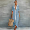 Color-Block Shirt Maxi Dress – Women's Loose Button-Front Long Dress with Contrast Collar by FitiqueFit