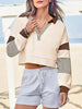 Color‑Block Cropped Polo V‑Neck Sweatshirt by FitiqueFit