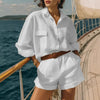 Cotton-Linen Loose-Fit Button-Down Shirt and Shorts Casual Set by FitiqueFit