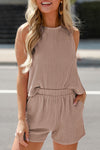 Black Corded Sleeveless Top and Pocketed Shorts Set