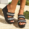 Raw Hem Rhinestone Open Toe Wedge Sandals