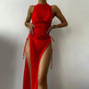 3 Pieces Set High Neck Swimwear Female Swimsuit Cover-Ups For Women Skirts Bikini Halter Triangle Bathing Suit Maxi Dress Bikini Cover Up by Stevvex