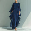 Deep Blue Ruffle Wide-Leg Pants Set – Elegant Two-Piece Batwing Sleeve Outfit for Women by FitiqueFit