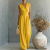Women's Elegant V-Neck Sleeveless Jumpsuit – Waist-Cinching Straight Leg by FitiqueFit