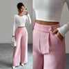 Women's High-Waist Straight-Leg Pants – Solid Color Button Detail Full Length by FitiqueFit