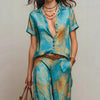 Women's Bohemian Printed Resort Two-Piece Set – 3/4 Sleeve Shirt & Pants by FitiqueFit
