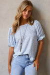 Light Blue Boho Floral Print Smocked Puff Sleeve Blouse