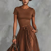 Short-Sleeve Top and Lace-Panel Midi Skirt Set by FitiqueFit