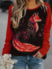 Contrast Color Fox Print Pattern Round Neck Long Sleeve T-shirt