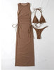 Women's Solid Color Three-Piece Bikini Set with Maxi Dress Cover-Up by FitiqueFit