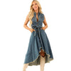 Women's Sleeveless Denim Midi Dress – Irregular Hem Button-Front by FitiqueFit