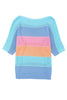 Sky Blue Knitted Eyelet Colorblock Striped Half Sleeves Top