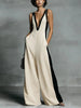 Women's Color-Block Sleeveless V-Neck Wide-Leg Jumpsuit – French Style Long Pants
