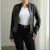Women's Solid Color Long Sleeve Stand Collar Faux Leather Blazer by FitiqueFit