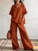Women's Loose Cotton-Linen V-Neck Top & Wide-Leg Pants Set by FitiqueFit