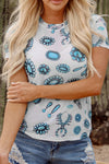 Western Turquoise Printed Crewneck Slim Fit Tee