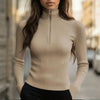 Solid Ribbed Half-Zip Turtleneck Knit Top by FitiqueFit
