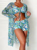 Modern Geo 3-Piece Bikini Set – Vibrant Geometric Print Fluttering Swimwear with V-Neck Top Boxer Shorts Bottoms and Long Sleeve Cover Shirt – Comfortable High-Stretch Women’s Beachwear for Pool & Summer Vacations by Stevvex