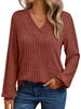 Ribbed Knit V-Neck Long Sleeve T-Shirt by Simply Love