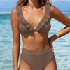 New Elegance Curve V-Neck Bikini Set – Sleek Solid Color High Waist Swimsuit with High-Cut Leg and Delicate Lettuce Trim – Stretch Comfort and Easy-Care Two-Piece Swimwear for Women’s Poolside Style by Stevvex