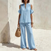 Women's Off-Shoulder Short-Sleeve Linen Blend Pantsuit Set by FitiqueFit