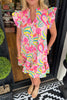 Pink Button Front Frill Neck Ruffle Trim Abstract Mini Dress
